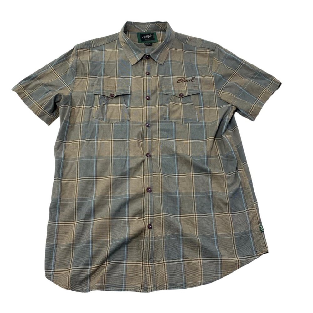 O'neill Mens Button Front Shirt Beige Gray Plaid Short Sleeve Pocket Collar XXL